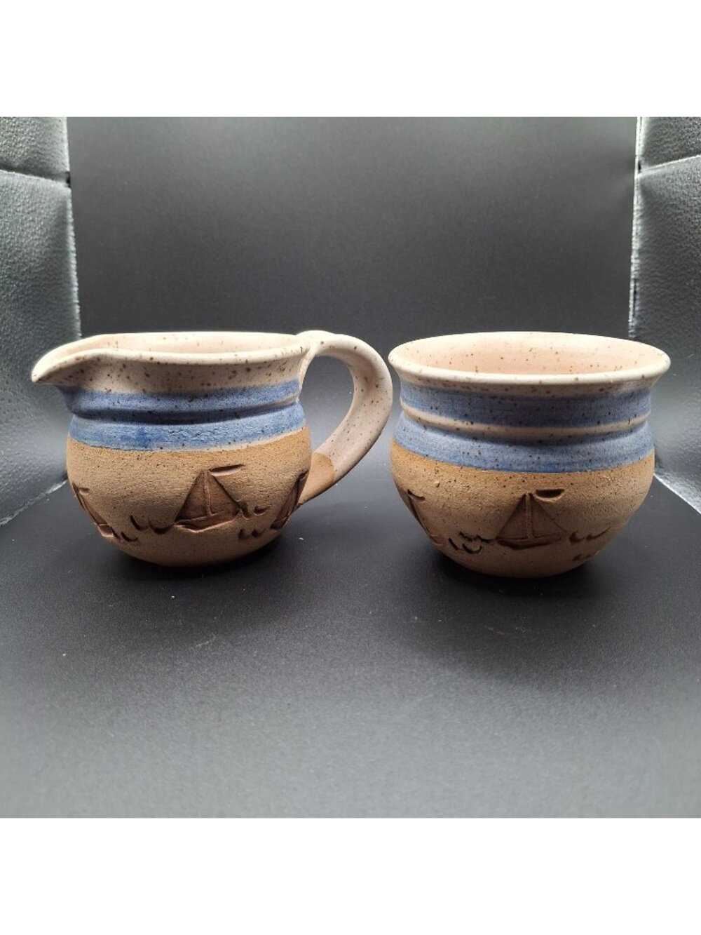 Annapolis Pottery Handcrafted Ceramic Cream Sugar Set Nautical Sailboat Carvings